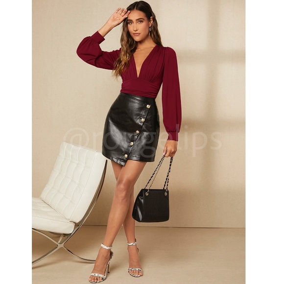 Burgundy Elegant V neck Bodysuit Long Bishop Sleeves Stretchy Ruched Waist - Picture 6 of 8